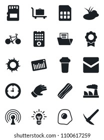 Set of vector isolated black icon - baggage trolley vector, factory, glove, sun, pond, bike, clock, barcode, antenna, mail, sd, sim, sertificate, document folder, bacon, omelette, remote control