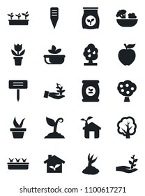 Set of vector isolated black icon - flower in pot vector, seedling, tree, sproute, plant label, fertilizer, fruit, salad, apple, eco house, palm