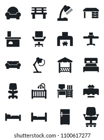 Set of vector isolated black icon - bed vector, office chair, desk, bench, fireplace, lamp, bedroom, children room, cushioned furniture, restaurant table, alcove, fridge