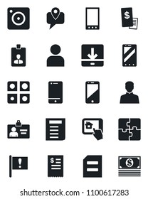 Set of vector isolated black icon - mobile phone vector, identity card, document, important flag, tracking, cell, camera, user, download, application, restaurant receipt, home control app, cash