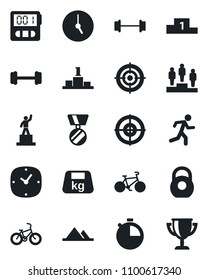 Set of vector isolated black icon - pedestal vector, medal, barbell, bike, run, heavy, clock, stopwatch, target, mountains, award cup