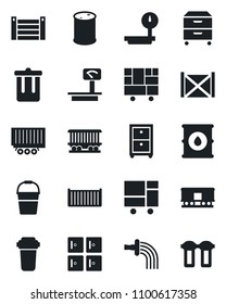 Set of vector isolated black icon - trash bin vector, checkroom, bucket, watering, railroad, truck trailer, cargo container, consolidated, oil barrel, heavy scales, archive box, water filter