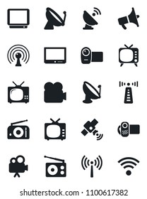 Set of vector isolated black icon - antenna vector, satellite, radio, loudspeaker, tv, video camera, wireless