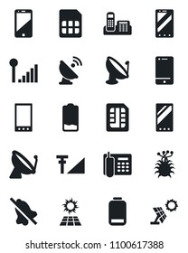 Set of vector isolated black icon - satellite antenna vector, mobile phone, virus, cell, low battery, sim, mute, cellular signal, office, sun panel