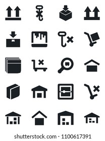 Set of vector isolated black icon - cargo vector, warehouse storage, up side sign, no trolley, hook, package, search, scanner, blank box