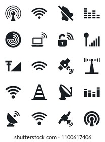 Set of vector isolated black icon - wireless notebook vector, border cone, radar, satellite antenna, equalizer, mute, cellular signal, lock
