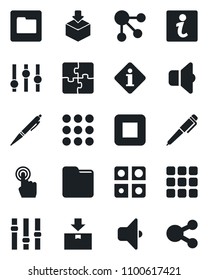 Set of vector isolated black icon - package vector, settings, touch screen, stop button, menu, folder, application, pen, sound, information, social media
