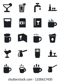 Set of vector isolated black icon - hot cup vector, coffee machine, water supply, alcohol, wine card, drink, cocktail, phyto bar, beer, turkish