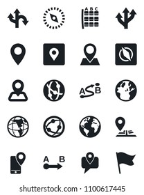 Set of vector isolated black icon - seat map vector, route, navigation, earth, pin, mobile tracking, network, place tag, compass, flag