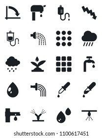 Set of vector isolated black icon - crisis graph vector, watering, water drop, rain, drip irrigation, dropper, menu, supply, sprinkler