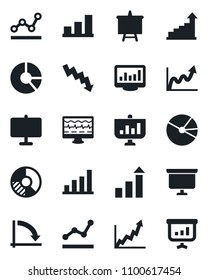 Set of vector isolated black icon - growth statistic vector, presentation board, crisis graph, circle chart, monitor pulse, statistics, bar, pie, point