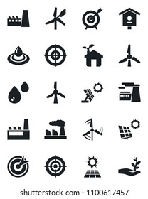 Set of vector isolated black icon - factory vector, bird house, target, sun panel, windmill, eco, water, palm sproute