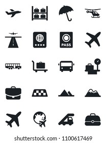 Set of vector isolated black icon - plane vector, runway, taxi, baggage trolley, airport bus, umbrella, passport, ladder car, helicopter, luggage storage, scales, globe, mountains, case