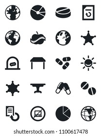 Set of vector isolated black icon - no laptop vector, ticket office, document reload, pills, diet, earth, pie graph, table, police, alarm led