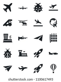 Set of vector isolated black icon - plane vector, departure, arrival, ladder car, boarding, helicopter, seat map, globe, airport building, lady bug, rocket, paper, air balloon