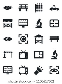 Set of vector isolated black icon - barrier vector, tv, alarm car, seat map, bench, monitor pulse, microscope, eye, torch, plan, alcove, scan