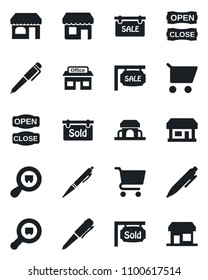 Set of vector isolated black icon - shop vector, pen, store, search cargo, sale, sold signboard, cafe building, open close, cart, storefront