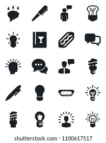 Set of vector isolated black icon - speaking man vector, pen, brainstorm, bulb, dialog, wine card, hot dog, energy saving, shining head, idea