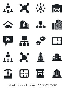 Set of vector isolated black icon - hierarchy vector, well, molecule, hospital, office building, garage, plan, home message