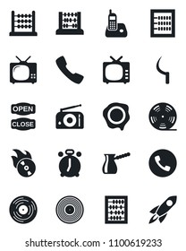 Set of vector isolated black icon - alarm clock vector, phone, abacus, stamp, sickle, reel, vinyl, flame disk, radio, tv, call, open close, turkish coffee, rocket