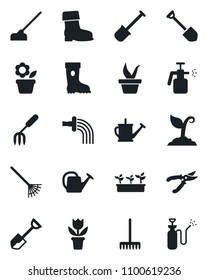 Set of vector isolated black icon - job vector, flower in pot, garden fork, shovel, rake, seedling, watering can, sproute, pruner, boot, hoe, sprayer