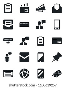 Set of vector isolated black icon - mobile phone vector, speaking man, loudspeaker, cell, speaker, paper pin, mail, network, clipboard, reserved, schedule