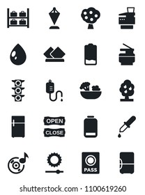 Set of vector isolated black icon - passport vector, luggage storage, pennant, water drop, dropper, traffic light, low battery, brightness, music, copier, fruit tree, salad, open close, serviette