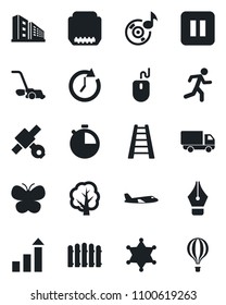 Set of vector isolated black icon - plane vector, growth statistic, mouse, fence, ladder, tree, lawn mower, butterfly, run, satellite, car delivery, pause button, hdmi, stopwatch, music, ink pen