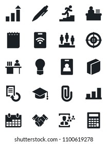 Set of vector isolated black icon - growth statistic vector, pedestal, graduate, pen, notepad, bulb, calendar, document reload, paper clip, bar graph, identity card, hr, blank box, manager desk