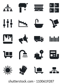 Set of vector isolated black icon - baggage trolley vector, sun, luggage scales, checkroom, glove, railroad, car delivery, cargo, barcode, loudspeaker, settings, scanner, news, hierarchy, bathroom