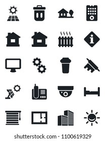 Set of vector isolated black icon - house vector, monitor, radio phone, office building, with tree, plan, bedroom, heater, rolling pin, remote control, gear, water filter, jalousie, trash bin