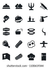 Set of vector isolated black icon - sickle vector, diet, alcohol, restaurant table, cook hat, wine card, reception, plates, bacon, waiter, candle, open close, ham, rolling pin, steaming pan, fridge