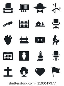 Set of vector isolated black icon - automatic door vector, signpost, male, luggage storage, office chair, tree, real heart, truck trailer, themes, calendar, paper tray, manager, house with, windmill