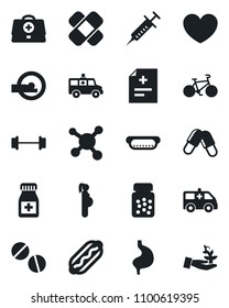 Set of vector isolated black icon - heart vector, doctor case, diagnosis, syringe, pills, bottle, patch, tomography, ambulance car, barbell, bike, stomach, pregnancy, molecule, hot dog, palm sproute