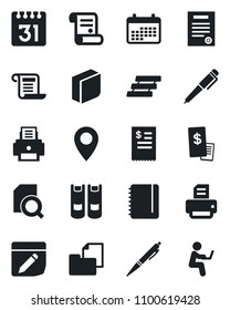 Set of vector isolated black icon - book vector, notepad, printer, contract, pin, folder document, calendar, notes, search, blank box, paper tray, pen, restaurant receipt, man with notebook