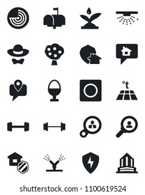 Set of vector isolated black icon - radar vector, barbell, mobile tracking, protect, record, fruit tree, estate insurance, mailbox, egg stand, dress code, irrigation, warm floor, home, sprinkler