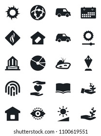 Set of vector isolated black icon - book vector, pennant, sun, heart hand, network, brightness, eye id, fingerprint, calendar, pie graph, pond, smart home, smoke detector, palm sproute, car