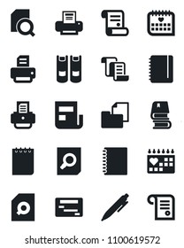 Set of vector isolated black icon - contract vector, book, document search, pen, notepad, printer, medical calendar, folder, copybook, news, schedule