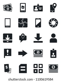 Set of vector isolated black icon - right arrow vector, identity card, document, important flag, cash, mobile tracking, cell phone, camera, user, download, application, restaurant receipt