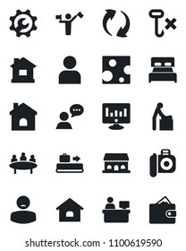 Set of vector isolated black icon - dispatcher vector, baggage conveyor, baby room, meeting, manager place, statistic monitor, house, patient, no hook, camera, speaker, update, user, root setup