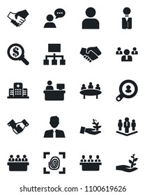 Set of vector isolated black icon - handshake vector, team, meeting, manager place, hospital, speaker, user, company, client search, estate agent, waiter, fingerprint, palm sproute, money, hierarchy