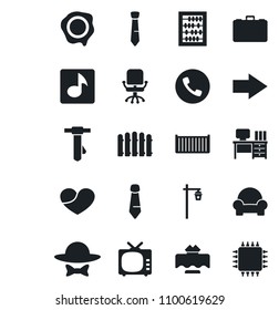 Set of vector isolated black icon - phone vector, right arrow, office chair, case, abacus, desk, tie, stamp, fence, garden light, cargo container, tv, heart, music, cushioned furniture, dress code