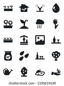 Set of vector isolated black icon - storm cloud vector, watering can, sproute, seedling, water drop, well, seeds, fertilizer, tulip, gallery, pond, fruit tree, flower in pot, alcohol, eco house