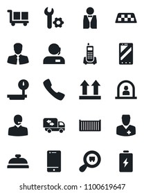 Set of vector isolated black icon - taxi vector, reception, mobile phone, doctor, office, client, cargo container, up side sign, heavy scales, search, cell, call, root setup, support, moving, waiter