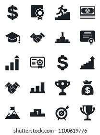 Set of vector isolated black icon - growth statistic vector, dollar sign, graduate, money bag, cash, sertificate, bar graph, handshake, career ladder, target, motivation, certificate, pedestal