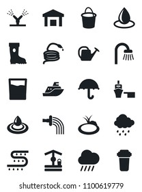 Set of vector isolated black icon - watering can vector, bucket, boot, water drop, rain, well, hose, pond, drip irrigation, sea shipping, port, umbrella, warehouse, bathroom, drink, filter