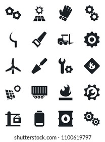 Set of vector isolated black icon - fork loader vector, gear, trowel, glove, saw, sickle, truck trailer, flammable, oil barrel, low battery, root setup, sun panel, windmill, crane