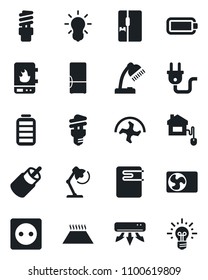 Set of vector isolated black icon - ripper vector, battery, rca, desk lamp, air conditioner, fridge, home control, socket, power plug, water heater, warm floor, bulb, energy saving, idea
