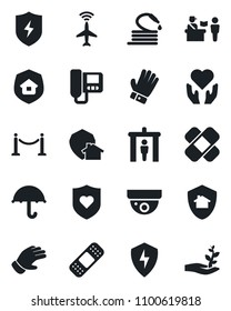 Set of vector isolated black icon - plane radar vector, fence, passport control, security gate, glove, hose, patch, heart shield, hand, umbrella, protect, estate insurance, intercome, home