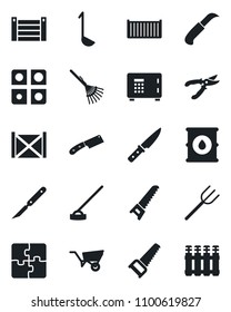 Set of vector isolated black icon - safe vector, farm fork, rake, wheelbarrow, pruner, saw, hoe, garden knife, scalpel, cargo container, oil barrel, application, ladle, radiator